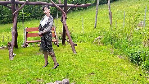 Raincoat, Nylons And Bra With Open Nipples